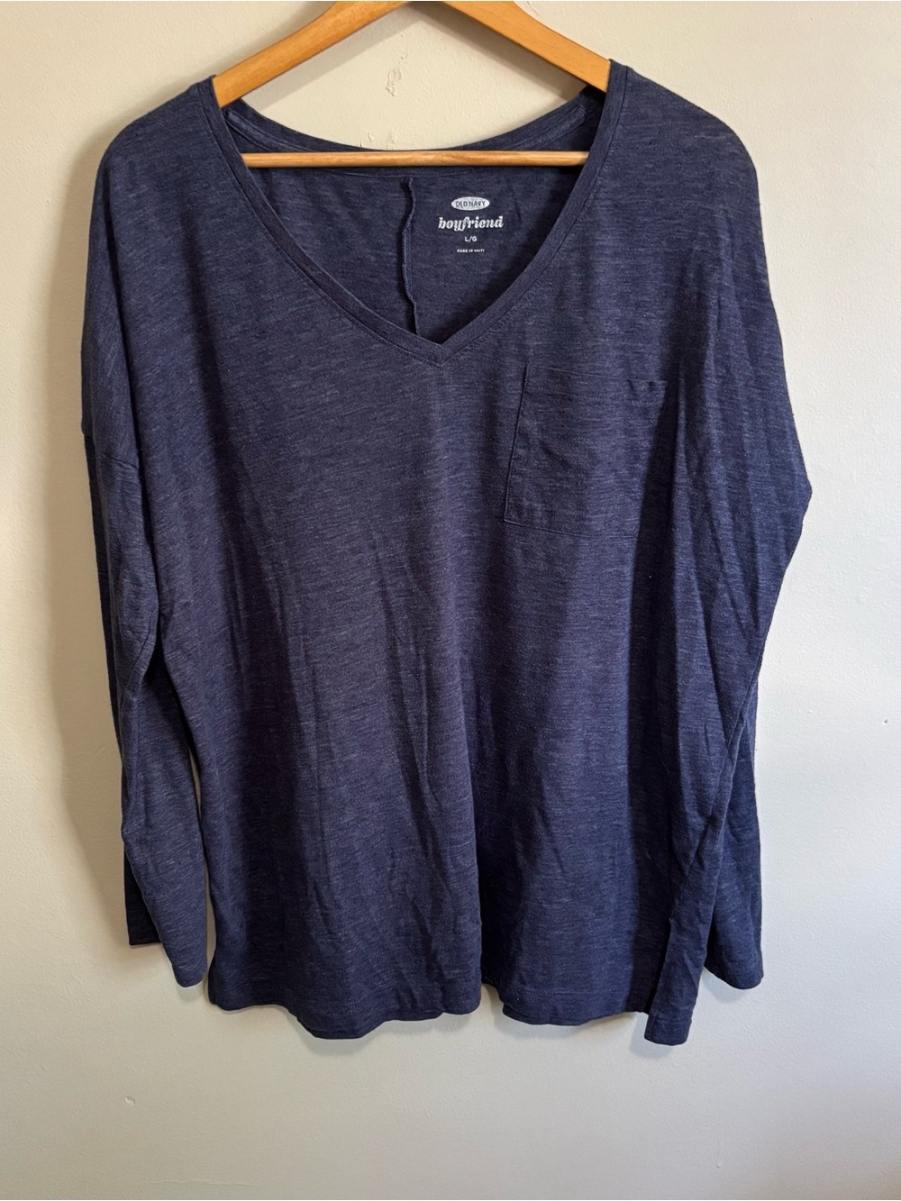 Old Navy Boyfriend Navy Long Sleeve V-Neck Pocket Shirt Top Size L